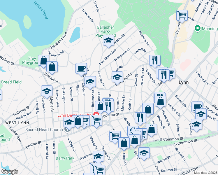 map of restaurants, bars, coffee shops, grocery stores, and more near 105 Linwood Road in Lynn