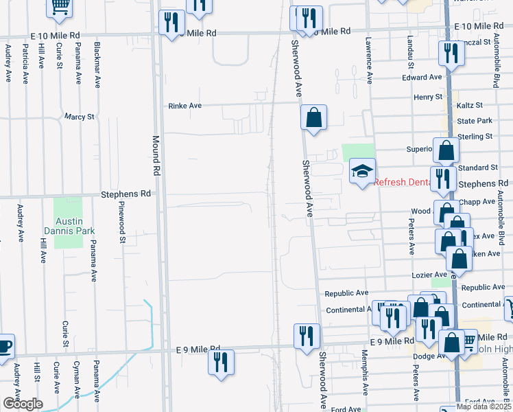 map of restaurants, bars, coffee shops, grocery stores, and more near 23500 Mound Road in Warren