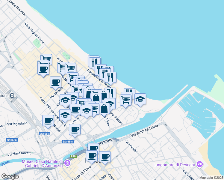 map of restaurants, bars, coffee shops, grocery stores, and more near 35 Lungomare Giacomo Matteotti in Pescara