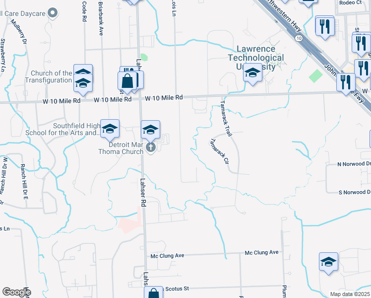 map of restaurants, bars, coffee shops, grocery stores, and more near 24675 Lois Lane in Southfield