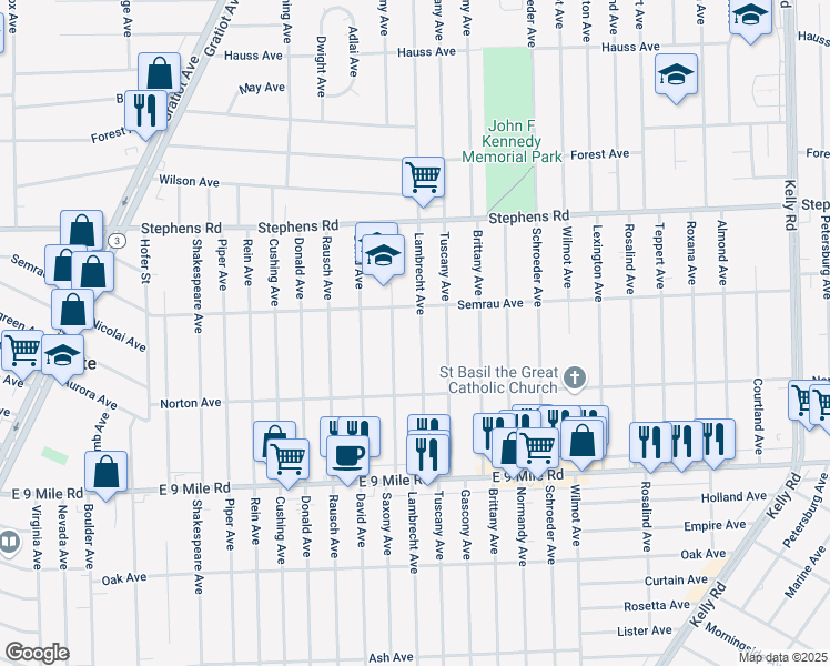 map of restaurants, bars, coffee shops, grocery stores, and more near 23123 Lambrecht Avenue in Eastpointe