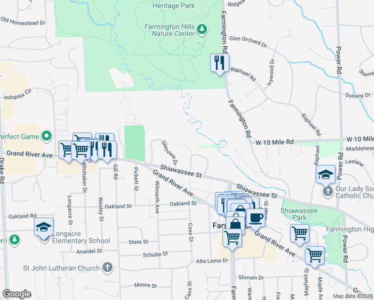 map of restaurants, bars, coffee shops, grocery stores, and more near 33640 Hillcrest Street in Farmington