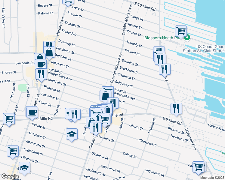 map of restaurants, bars, coffee shops, grocery stores, and more near 24006 Greater Mack Avenue in St. Clair Shores