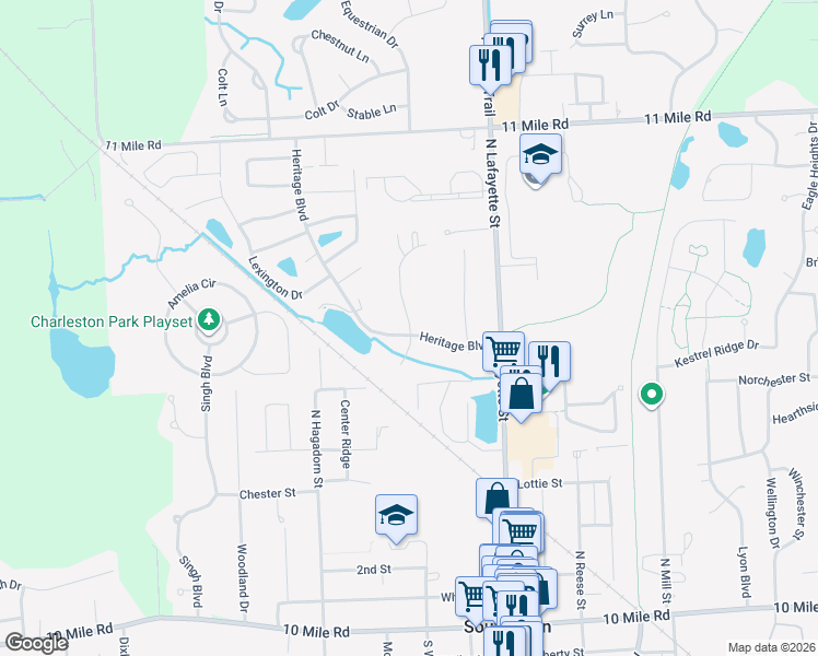 map of restaurants, bars, coffee shops, grocery stores, and more near 25386 Potomac Drive in South Lyon