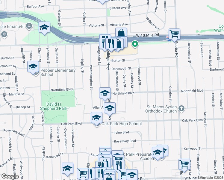 map of restaurants, bars, coffee shops, grocery stores, and more near 24247 Coolidge Highway in Oak Park