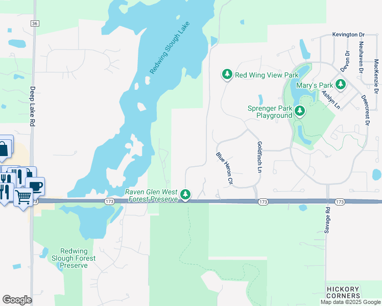 map of restaurants, bars, coffee shops, grocery stores, and more near 21280 Illinois 173 in Antioch