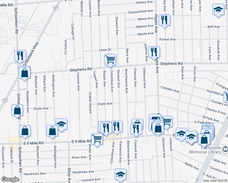 map of restaurants, bars, coffee shops, grocery stores, and more near 23580 Columbus Avenue in Warren