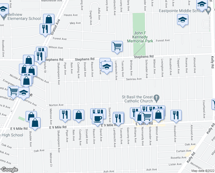 map of restaurants, bars, coffee shops, grocery stores, and more near 23131 Saxony Avenue in Eastpointe
