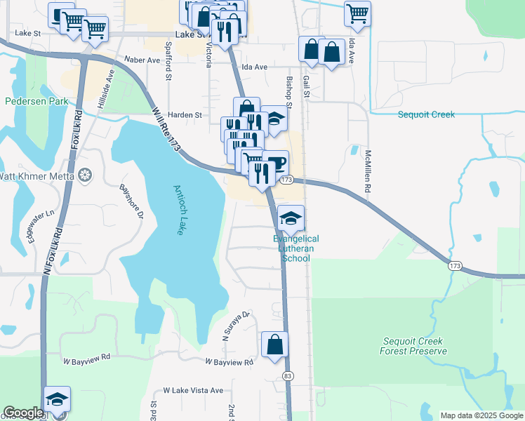 map of restaurants, bars, coffee shops, grocery stores, and more near 1224 Main Street in Antioch
