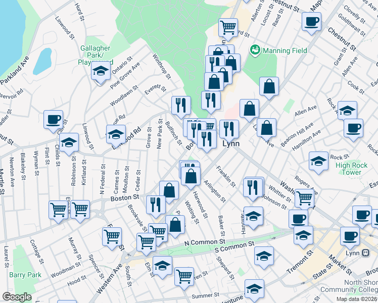 map of restaurants, bars, coffee shops, grocery stores, and more near 200 Franklin Street in Lynn
