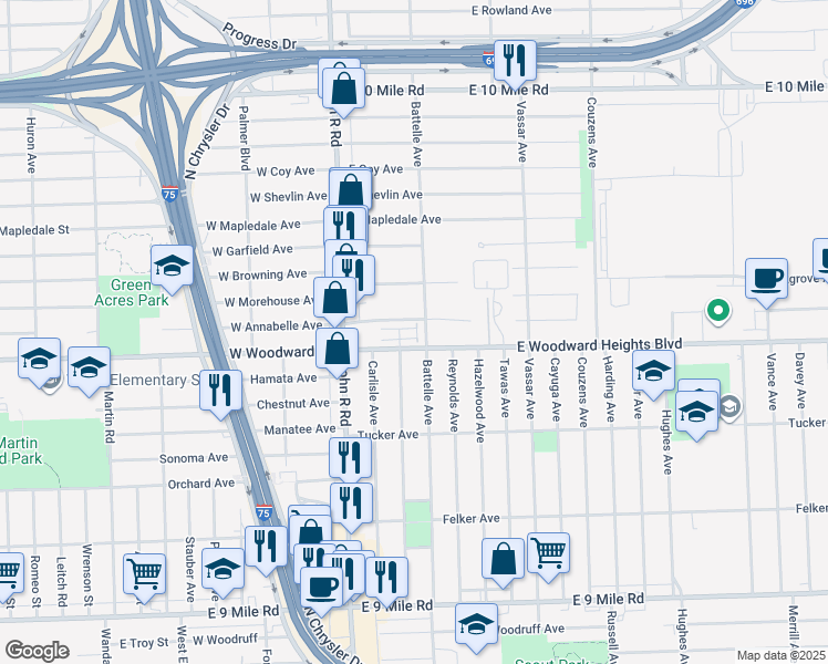 map of restaurants, bars, coffee shops, grocery stores, and more near 412 Jeff Keeton Drive in Hazel Park