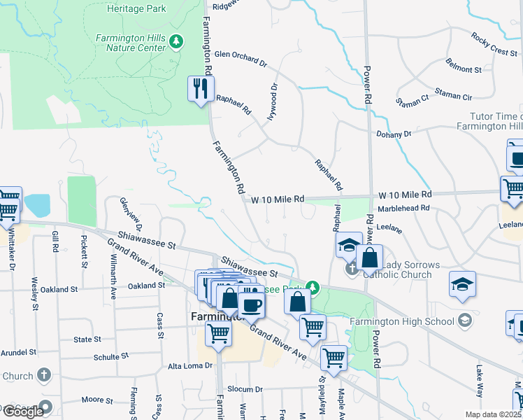 map of restaurants, bars, coffee shops, grocery stores, and more near 24167 Saint Mary Court in Farmington