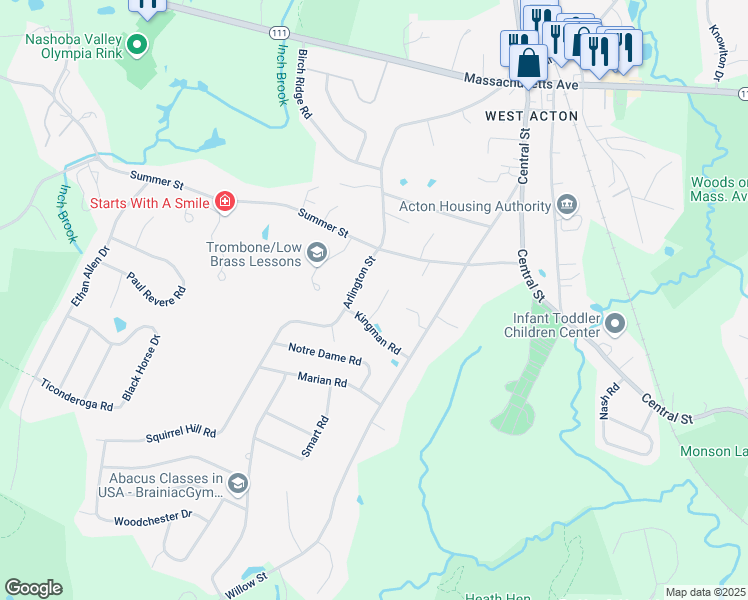 map of restaurants, bars, coffee shops, grocery stores, and more near 6 Castle Drive in Acton
