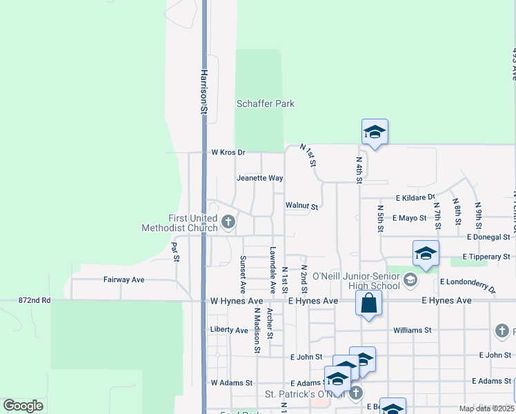 map of restaurants, bars, coffee shops, grocery stores, and more near 1411-1599 Center Avenue in O'Neill