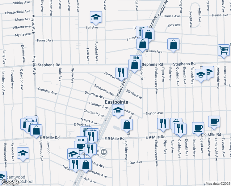 map of restaurants, bars, coffee shops, grocery stores, and more near 15841 Evergreen Avenue in Eastpointe