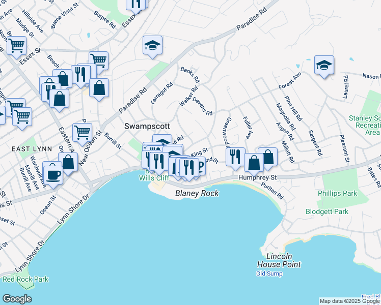 map of restaurants, bars, coffee shops, grocery stores, and more near 79 Redington Street in Swampscott