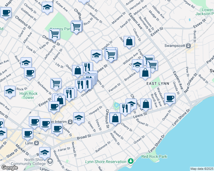 map of restaurants, bars, coffee shops, grocery stores, and more near 41 Trinity Avenue in Lynn