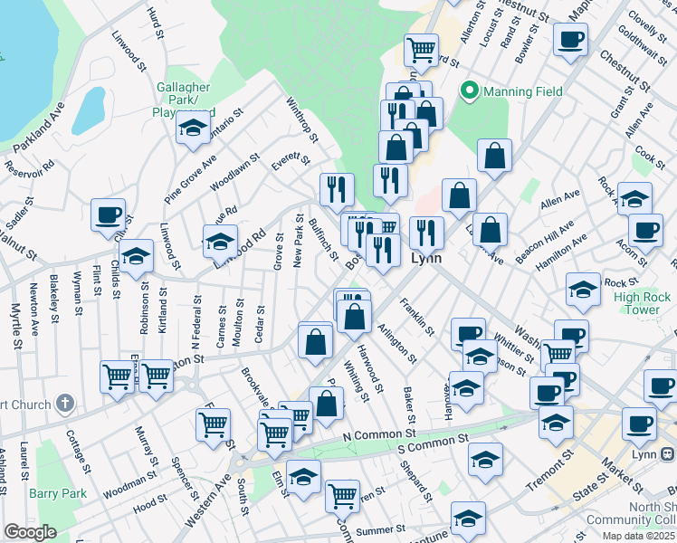 map of restaurants, bars, coffee shops, grocery stores, and more near 200 Franklin Street in Lynn