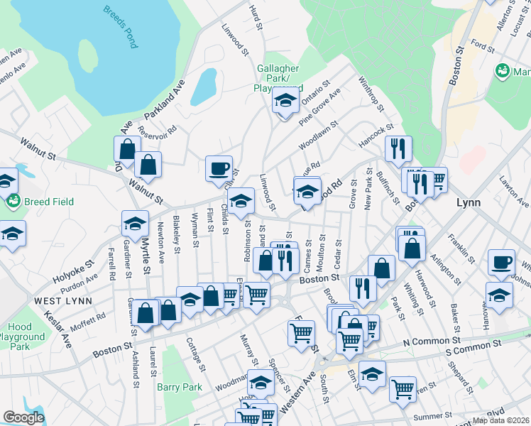 map of restaurants, bars, coffee shops, grocery stores, and more near 15 Shillington Avenue in Lynn