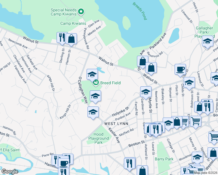 map of restaurants, bars, coffee shops, grocery stores, and more near 386-398 Walnut Street in Lynn