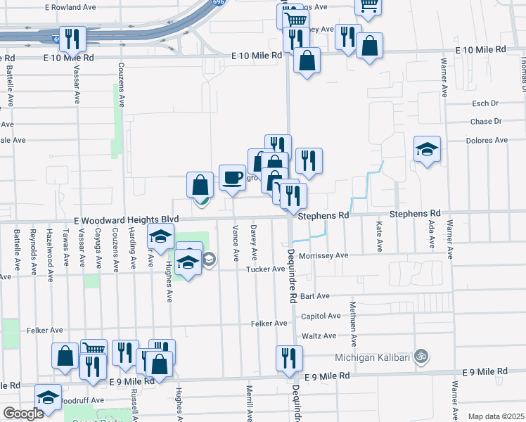 map of restaurants, bars, coffee shops, grocery stores, and more near 1764 Maplelane Avenue in Hazel Park