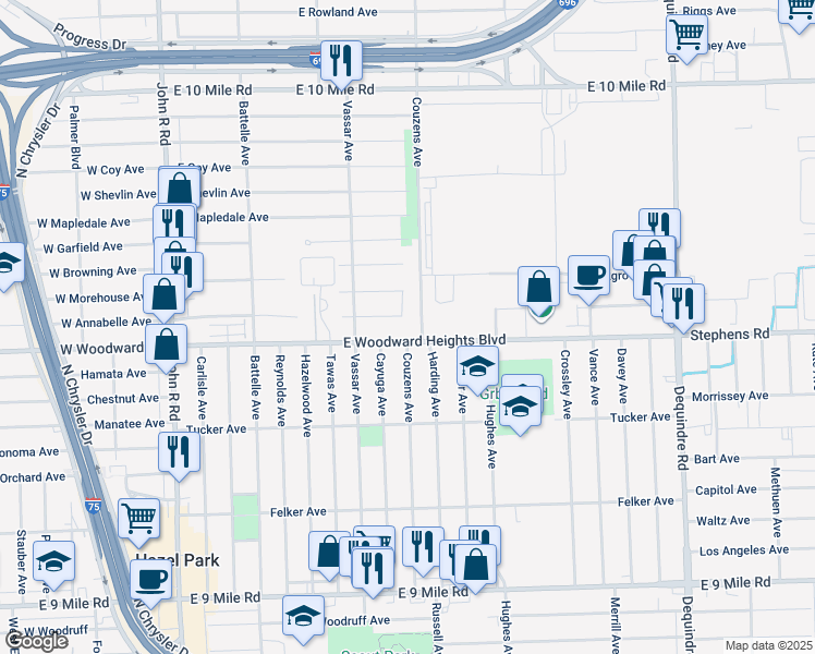 map of restaurants, bars, coffee shops, grocery stores, and more near 976 East Annabelle Avenue in Hazel Park