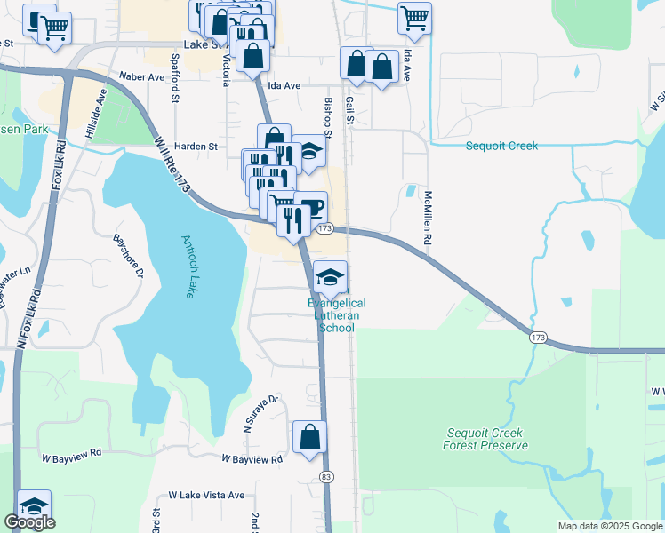 map of restaurants, bars, coffee shops, grocery stores, and more near 1221 Main Street in Antioch