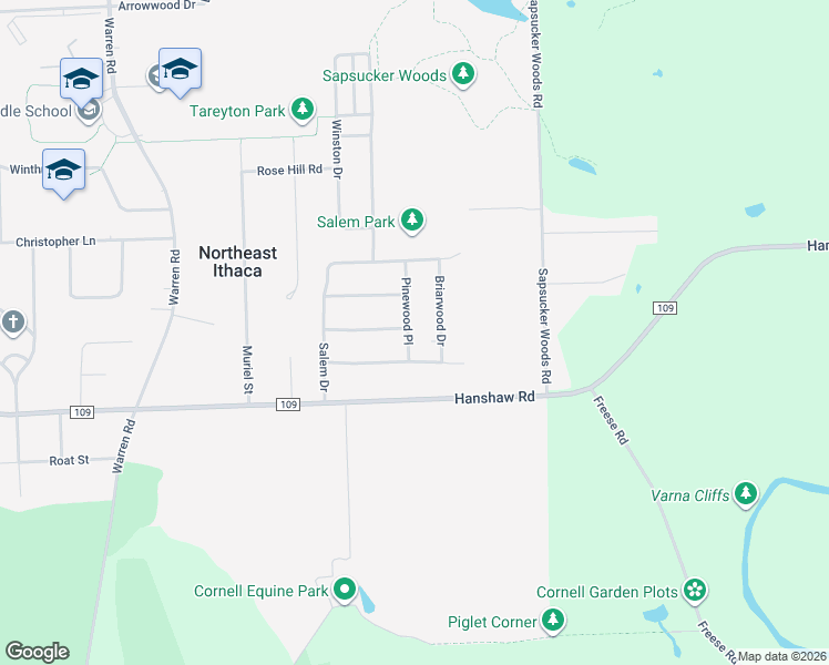 map of restaurants, bars, coffee shops, grocery stores, and more near 105 Pinewood Place in Ithaca
