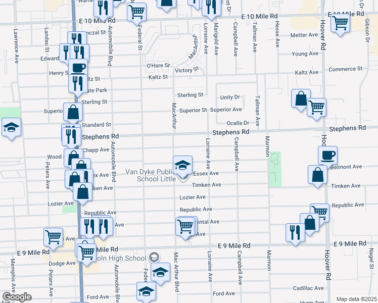map of restaurants, bars, coffee shops, grocery stores, and more near 8658 Chapp Avenue in Warren