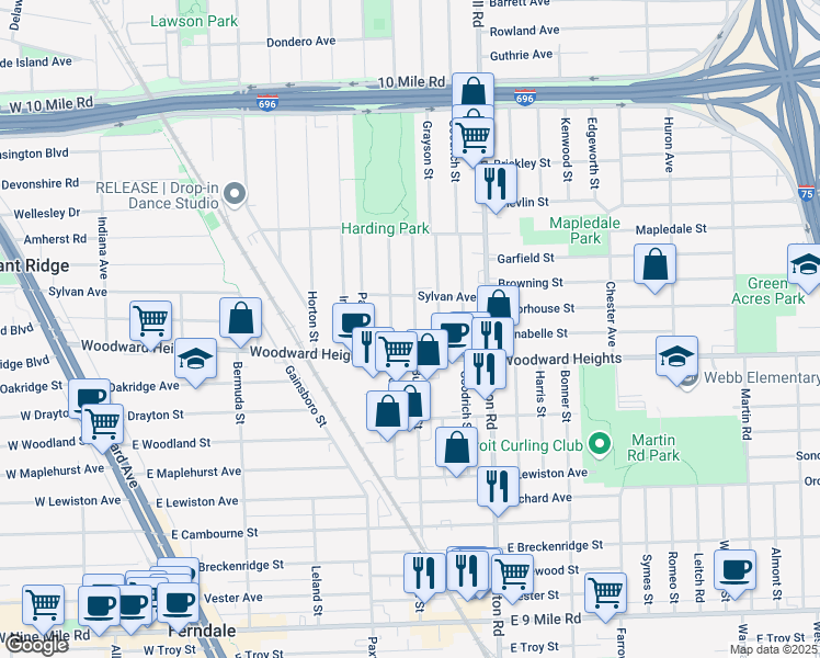 map of restaurants, bars, coffee shops, grocery stores, and more near 2810 Wolcott Street in Ferndale