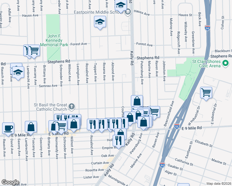 map of restaurants, bars, coffee shops, grocery stores, and more near 23304 Almond Avenue in Eastpointe