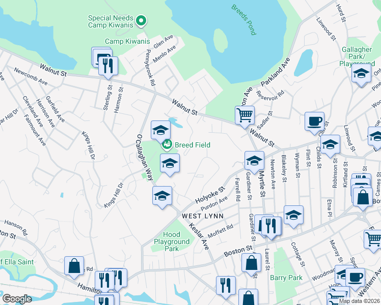 map of restaurants, bars, coffee shops, grocery stores, and more near 386-398 Walnut Street in Lynn