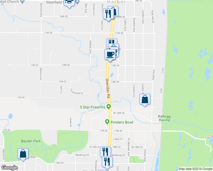 map of restaurants, bars, coffee shops, grocery stores, and more near 1400 Sheridan Road in Winthrop Harbor