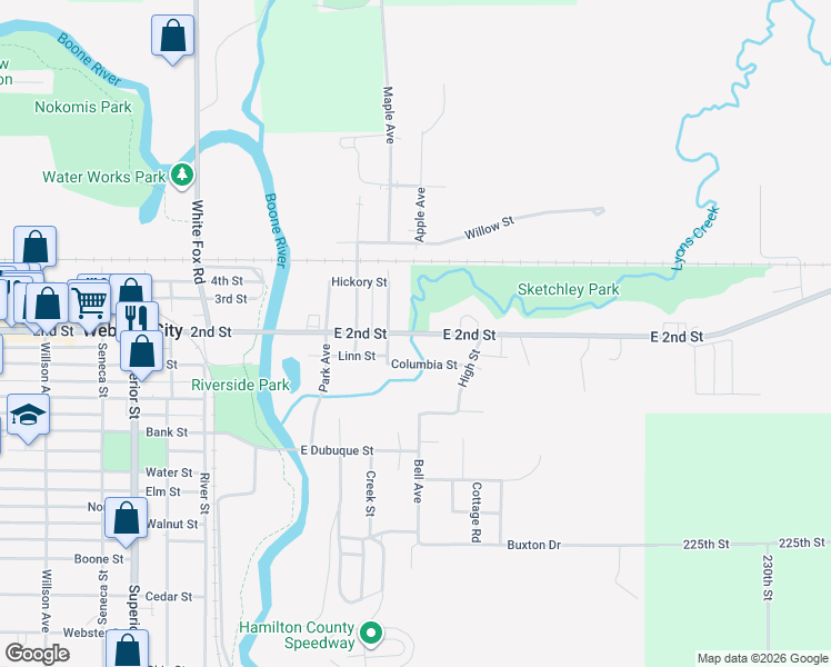 map of restaurants, bars, coffee shops, grocery stores, and more near 501 East 2nd Street in Webster City