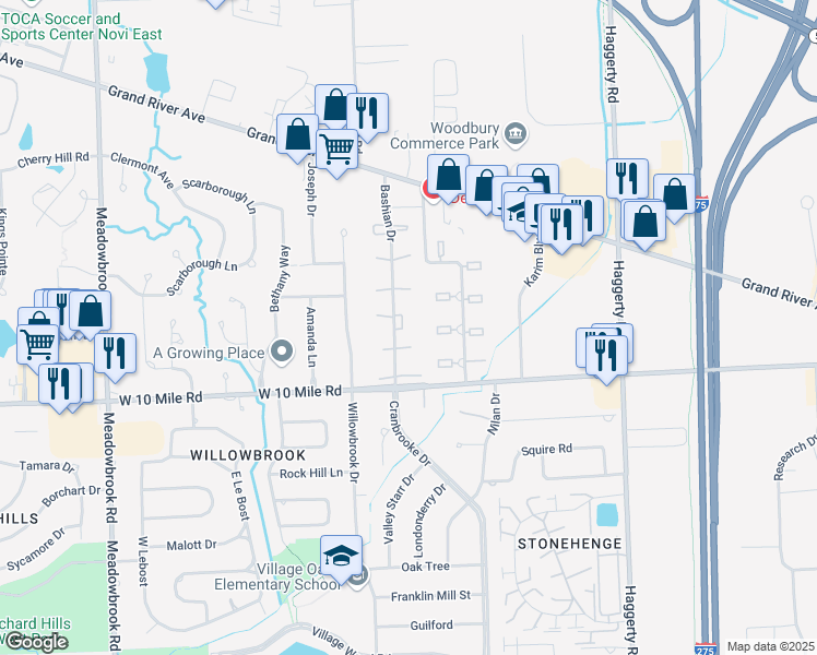 map of restaurants, bars, coffee shops, grocery stores, and more near 24420 Bashian Drive in Novi