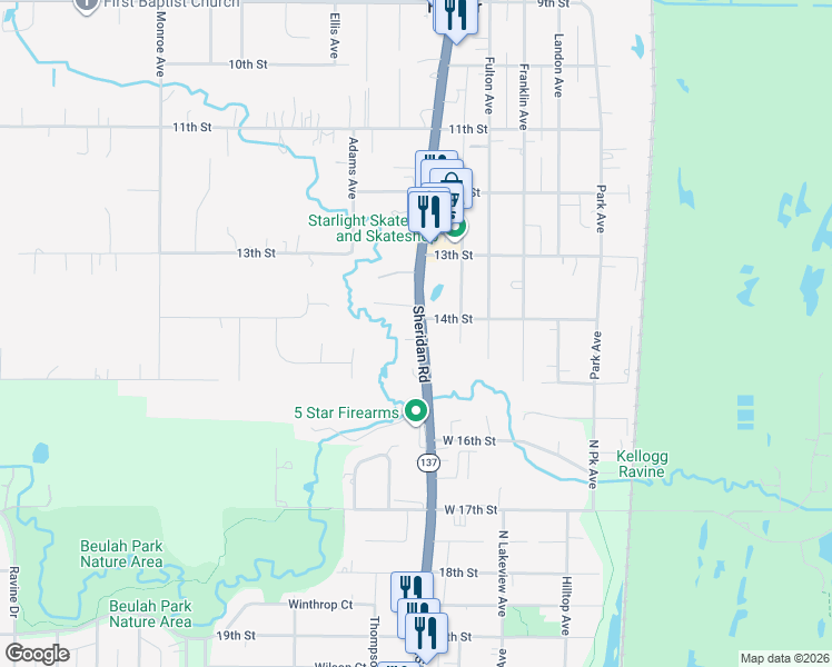 map of restaurants, bars, coffee shops, grocery stores, and more near 1400 Sheridan Road in Winthrop Harbor