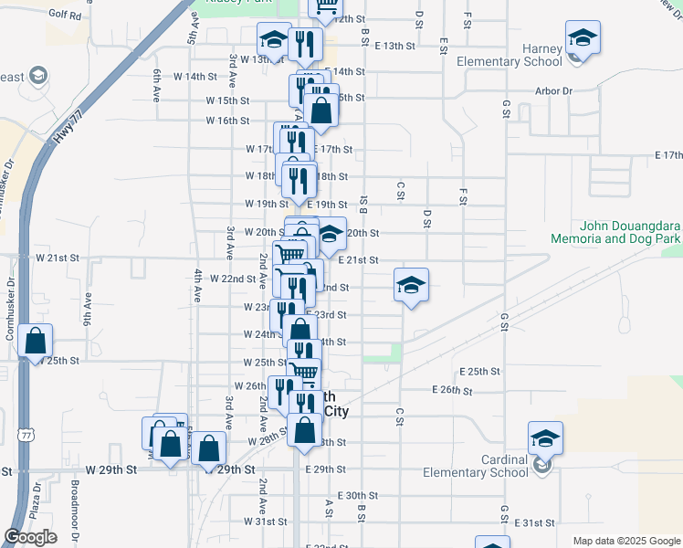 map of restaurants, bars, coffee shops, grocery stores, and more near 2116 A Street in South Sioux City