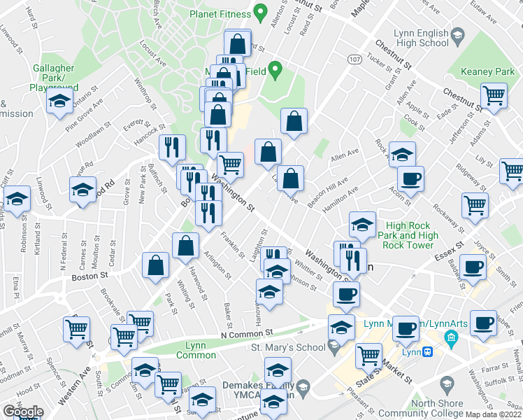 map of restaurants, bars, coffee shops, grocery stores, and more near 84 Washington Street in Lynn