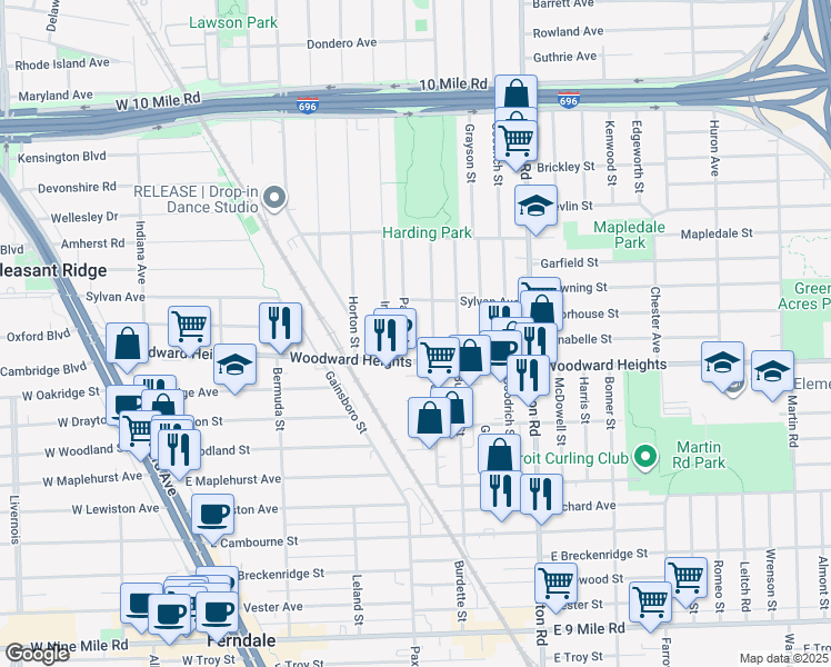 map of restaurants, bars, coffee shops, grocery stores, and more near 2750 Paxton Street in Ferndale