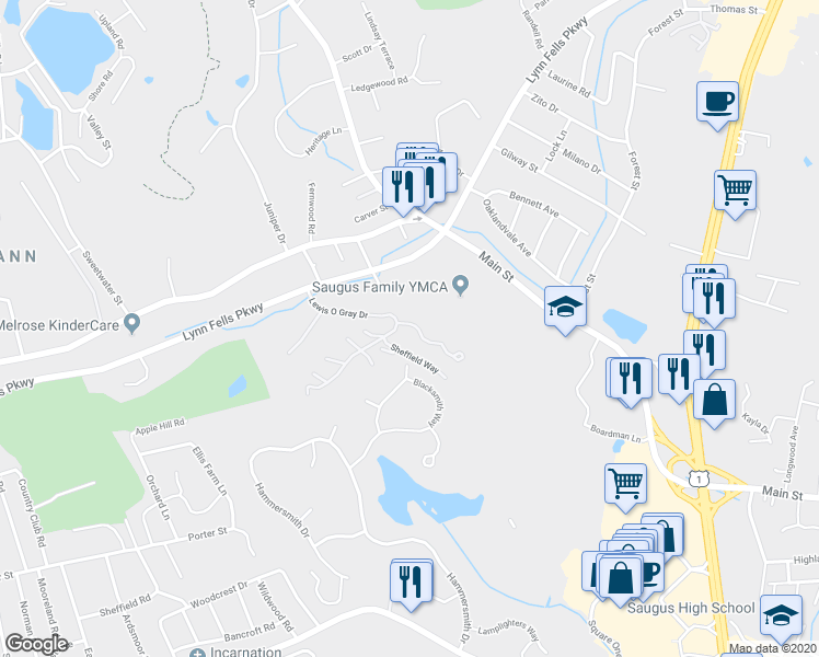 map of restaurants, bars, coffee shops, grocery stores, and more near 607 Lewis O Gray Drive in Saugus