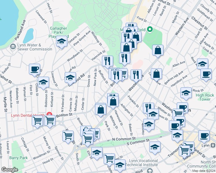 map of restaurants, bars, coffee shops, grocery stores, and more near 4 Bulfinch Street in Lynn