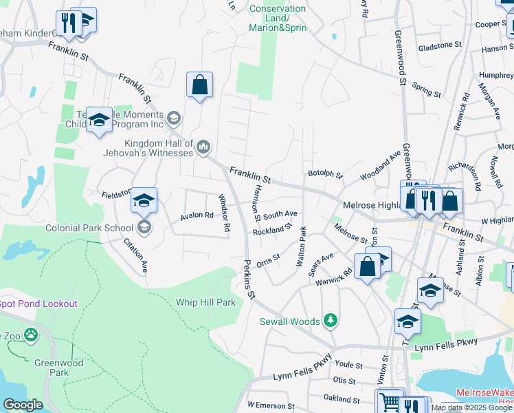 map of restaurants, bars, coffee shops, grocery stores, and more near 10 Harrison Street in Stoneham