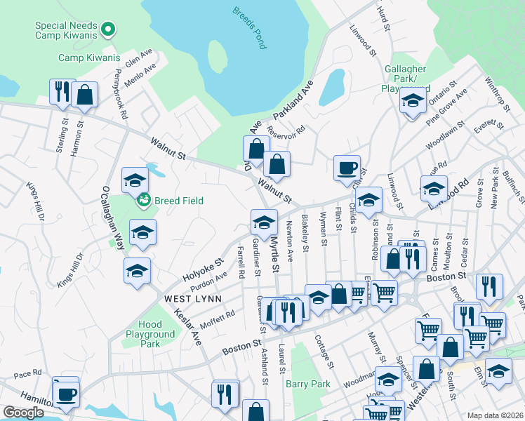 map of restaurants, bars, coffee shops, grocery stores, and more near 148 Myrtle Street in Lynn