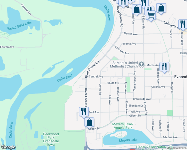 map of restaurants, bars, coffee shops, grocery stores, and more near 135 Central Avenue in Evansdale