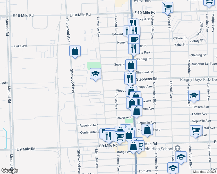 map of restaurants, bars, coffee shops, grocery stores, and more near 7239 Wood Avenue in Center Line