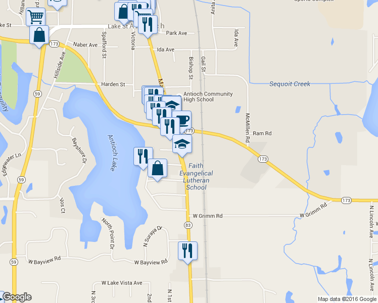 map of restaurants, bars, coffee shops, grocery stores, and more near 1221 Main Street in Antioch
