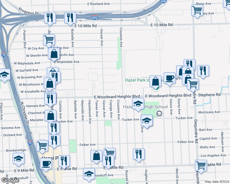 map of restaurants, bars, coffee shops, grocery stores, and more near 976 East Annabelle Avenue in Hazel Park