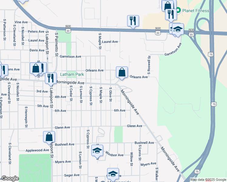 map of restaurants, bars, coffee shops, grocery stores, and more near 2044-2098 South Olive Street in Sioux City