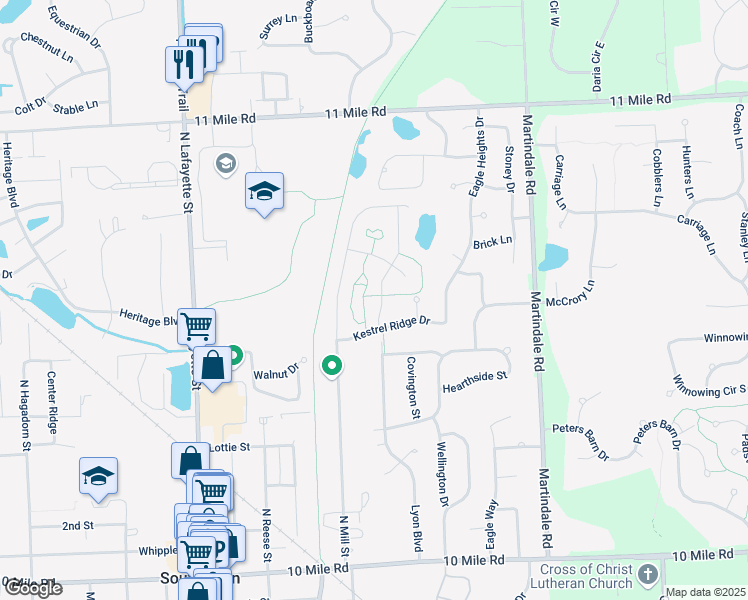 map of restaurants, bars, coffee shops, grocery stores, and more near 729 Kestrel Court in South Lyon