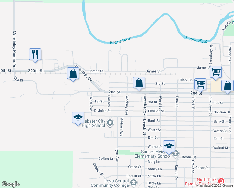 map of restaurants, bars, coffee shops, grocery stores, and more near 1400-1490 2nd St in Webster City
